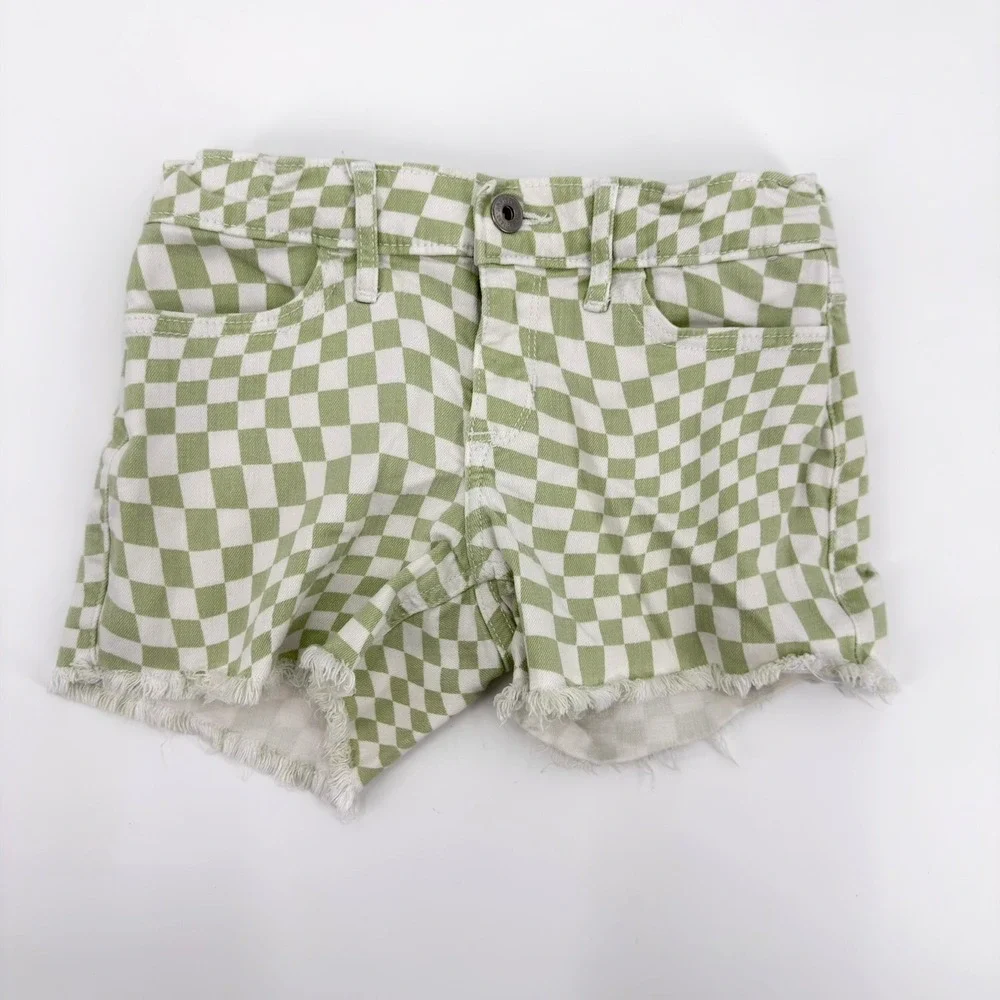 Abercrombie Kids Green Checkered Mid-Rise Midi Shorts Size 11/12 Raw Hem